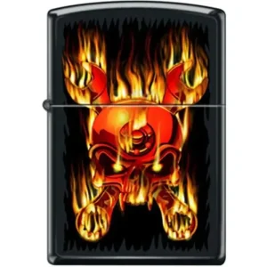 Zippo Lighter - Skull Flaming Wrenched Black Matte