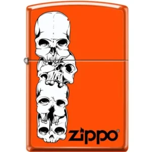 Zippo Lighter - Skulls Stacked With Logo Neon Orange